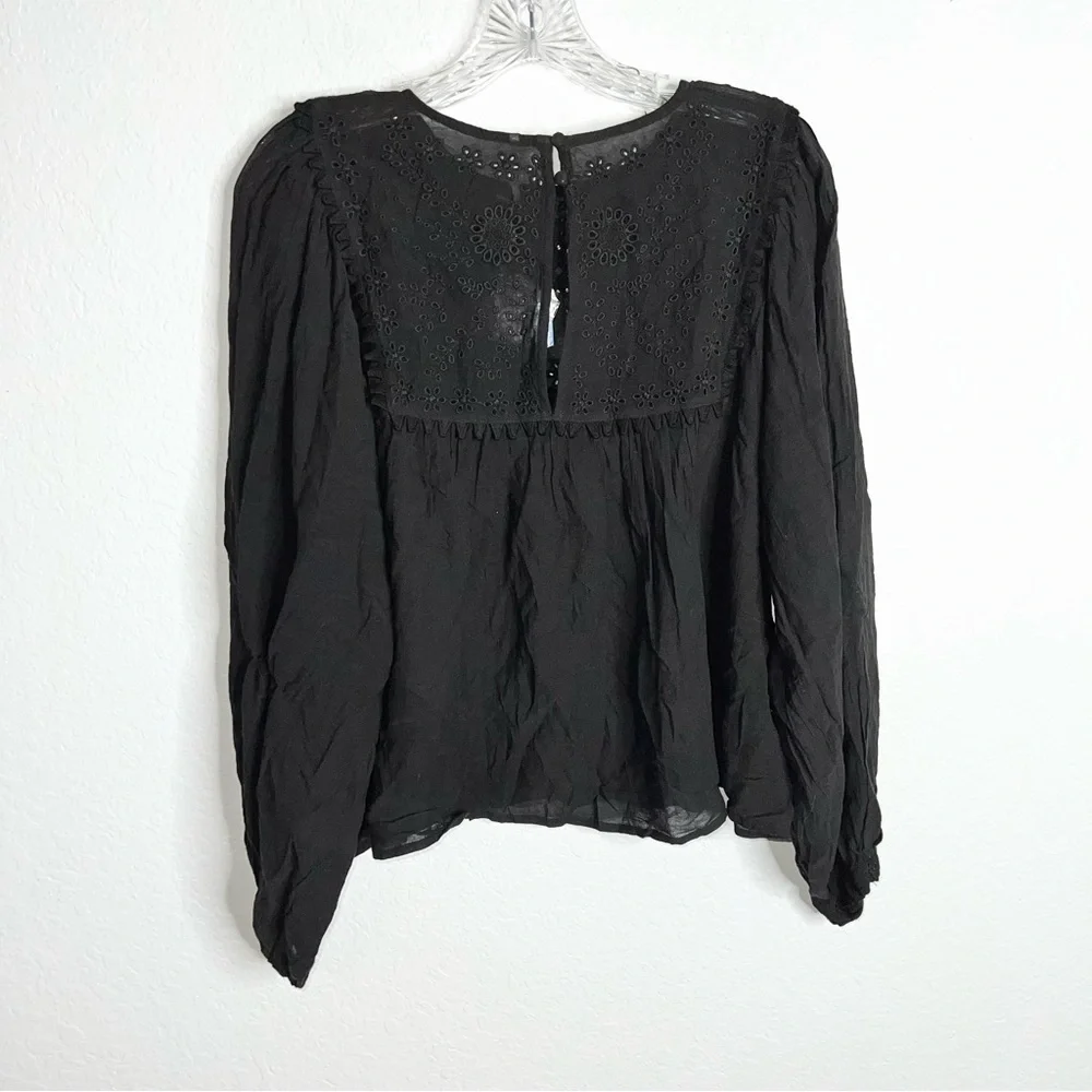 Free People Top Women Small Shirt Blouse Black Semi Sheer Valencia Babydoll E